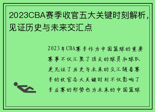 2023CBA赛季收官五大关键时刻解析，见证历史与未来交汇点