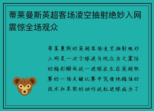 蒂莱曼斯英超客场凌空抽射绝妙入网震惊全场观众